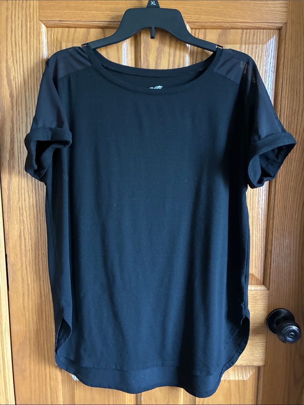 Avia Black Short Sleeve Scoop Neck Top with Mesh Shoulder Panels